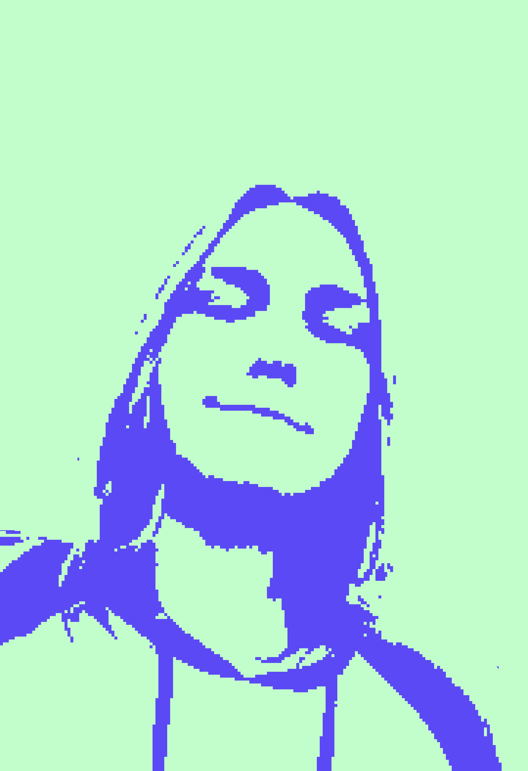 A pixelated Person with long hair in green and purple.