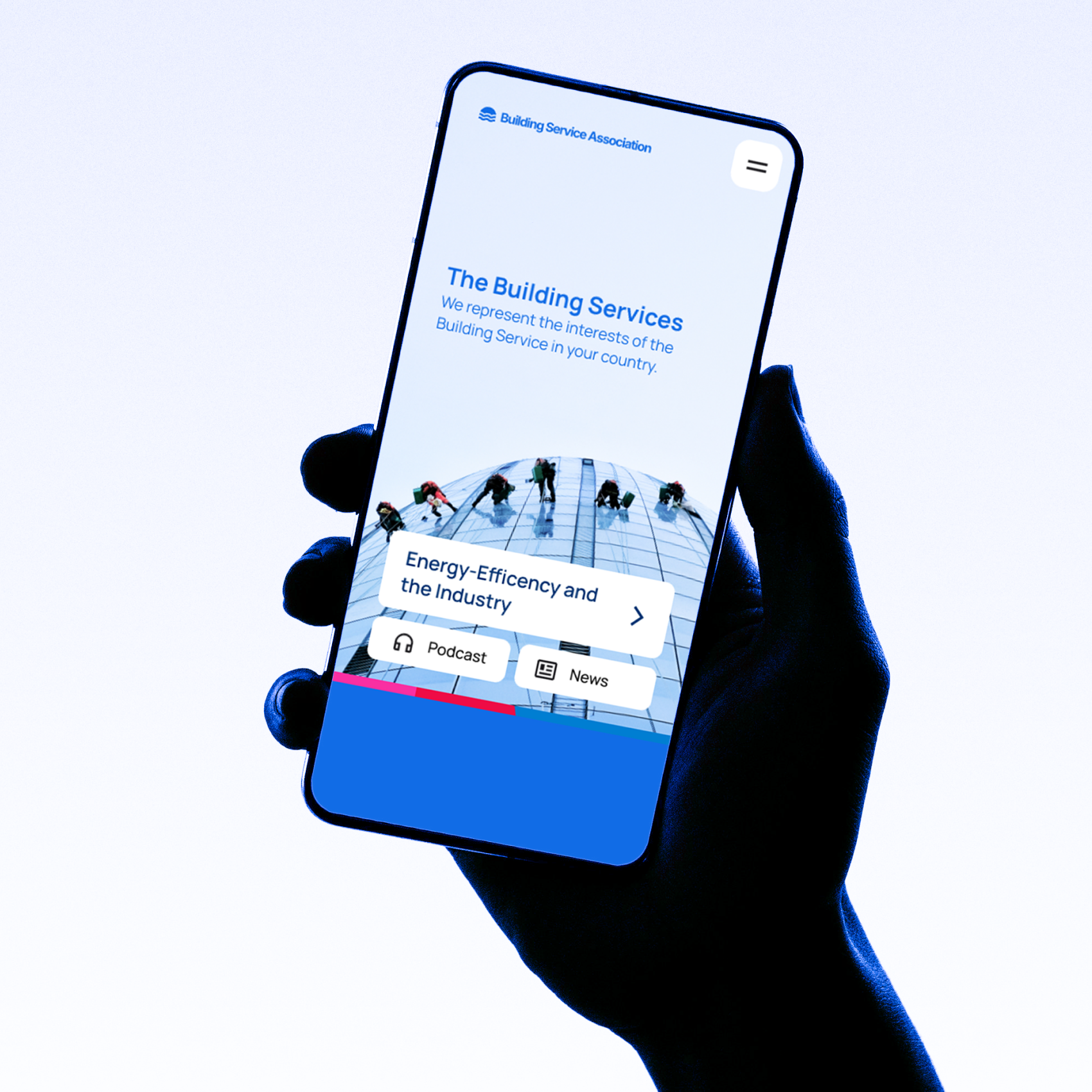 a hand is holding a phone which shows the mobile website of the building service association