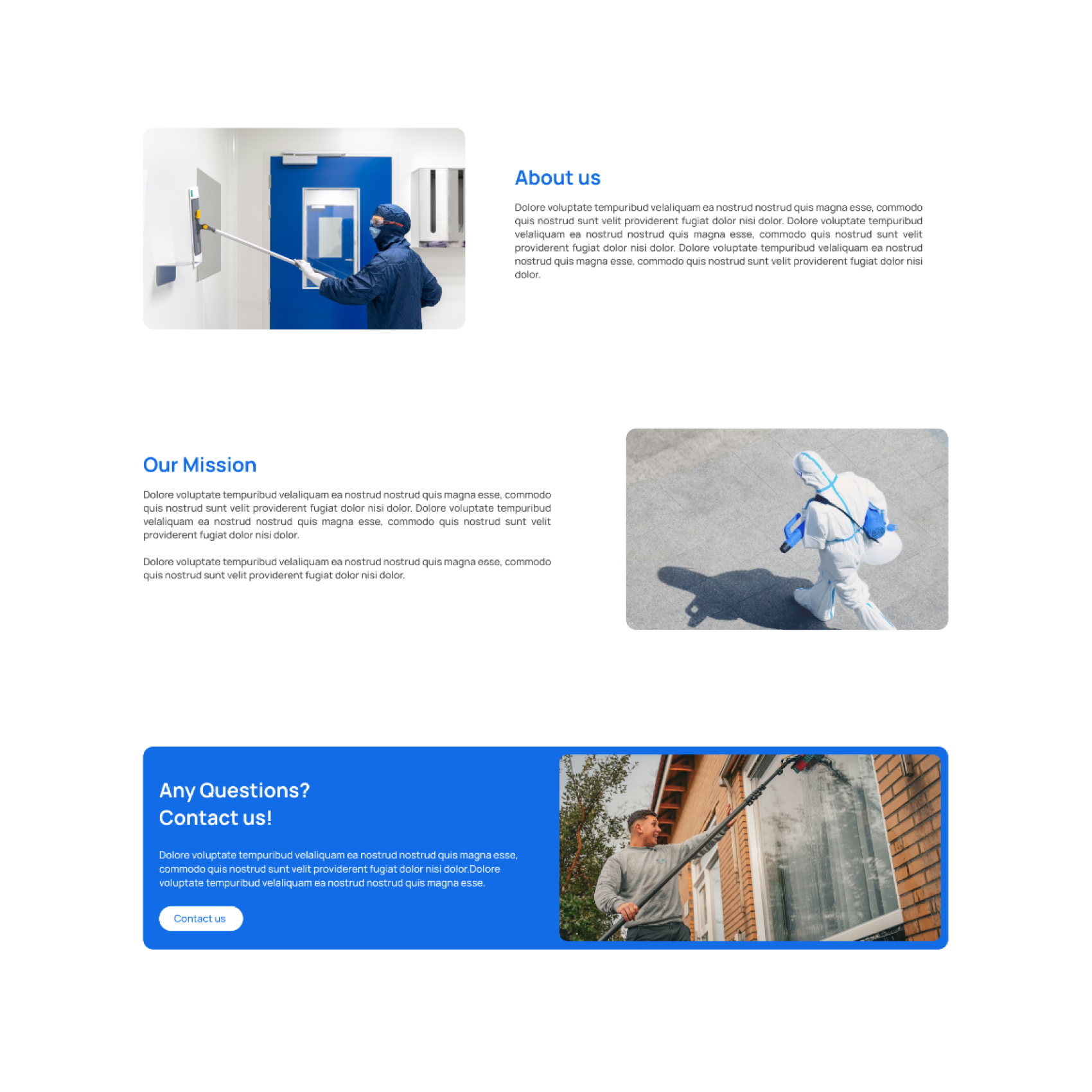 Two sections with image and text and a cta with text image and button